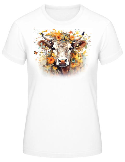Damen T-Shirt in weiß mit buntem Kuh-Motiv