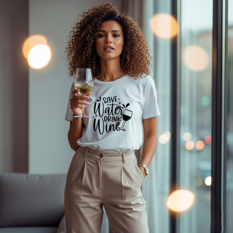 Hübsche Frau mit einem Glas Wein in der Hand und einem weißen T-Shirt mit der Aufschrift "Save Water drink Wine"
