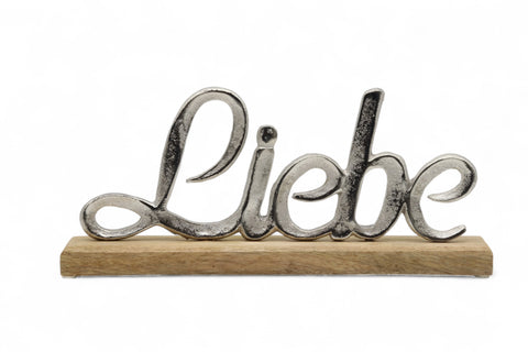 Eleganz trifft Gefühl: Aluminiumschild "Liebe" auf Holzfuß