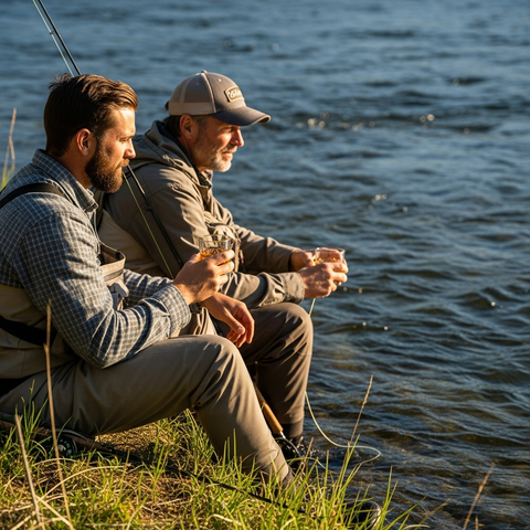 2 Fliegenfischer sitzen an einem Fluss und trinken Whisky