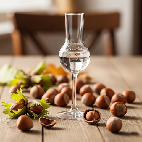 Frische Haselnüsse mit einem Glas Haselnusslikör