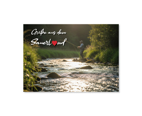 Wunderschöne Postkarte mit dem Motiv "Fliegenfischen - Angeln - Grüße aus dem Sauerland"