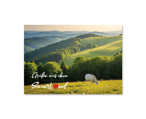 Wunderschöne Postkarte mit dem Motiv "Kuh - Grüße aus dem Sauerland"