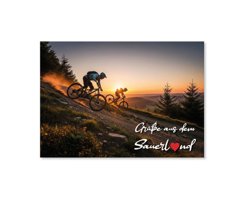 Wunderschöne Postkarte mit dem Motiv "Mountainbiking - Grüße aus dem Sauerland