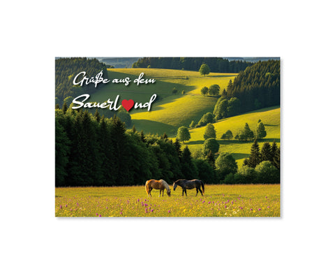Wunderschöne Postkarte mit dem Motiv "Pferde - Grüße aus dem Sauerland