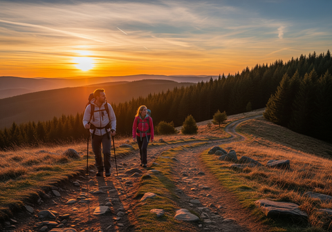 Ein junges Paar wandert im Sonnenuntergang im Sauerland