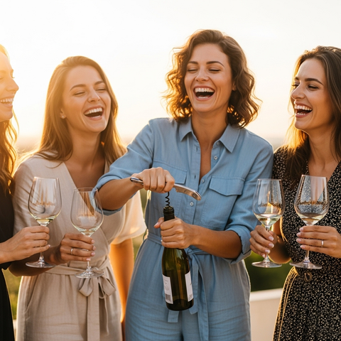 4 lachende Frauen die eine Flasche Wein öffnen.