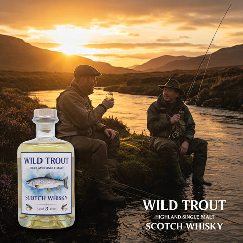 Stimmungsvolle Szene mit 2 Fliegenfischern an einem schottischen Fuss und WILD TROUT - Highland Single Malt Scotch Whisky