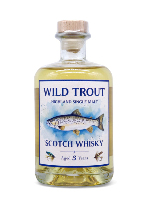 WILD TROUT Highland Single Malt Scotch Whisky, Etikett mit Bachforelle und klassischen schottischen Nassfliegen. Ein tolles Geschenk für jeden Fliegenfischer.