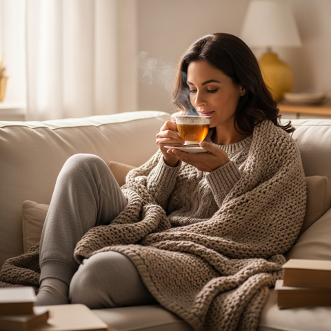 Hübsche Frau sitzt in eine Decke gehüllt auf der Couch und trinkt eine Tasse Tee