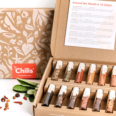 Geschenkbox mit 12 verschiedenen Chili Sorten aus der ganzen Welt. Das perfekte Geschenk für jeden Gourmet.