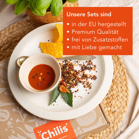 Geschenkbox mit 12 verschiedenen Chili Sorten aus der ganzen Welt. Das perfekte Geschenk für jeden Gourmet.