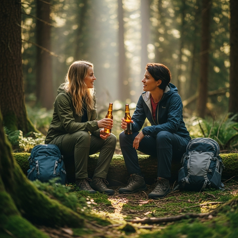 " Frauen sitzen im Sauerland im Wald auf einem umgefallenen Baum und trinken Bier aus der Flasche