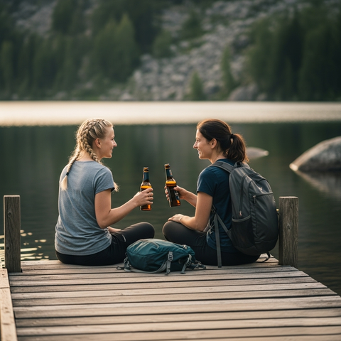 2 Frauen sitzen auf einem Steg an einem See im Sauerland und trinken Bier aus der Flasche