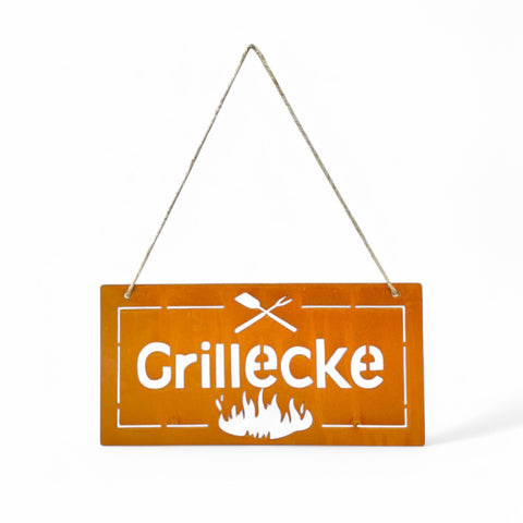 Sehr dekoratives Metallschild mit Edelrost und der Aufschrift "Grillecke"