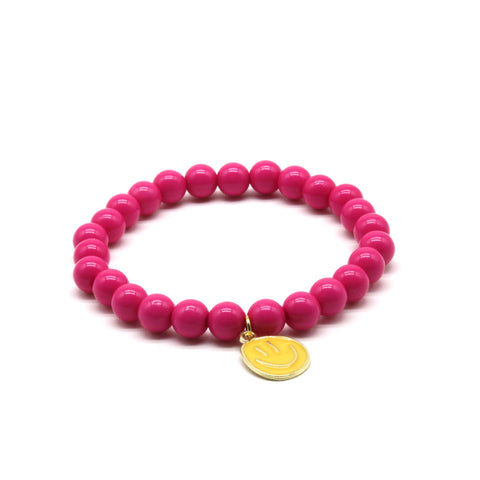 Pinkes Perlenarmband mit gelben Smiley Anhänger