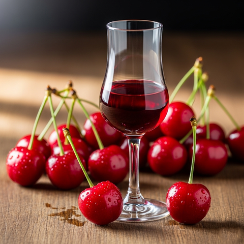 Frische leutend rote Sauerkirschen mit einem Glas Sauerkirschlikör
