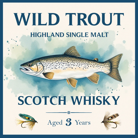 WILD TROUT Highland Single Malt Scotch Whisky, Etikett mit Bachforelle und klassischen schottischen Nassfliegen. Ein tolles Geschenk für jeden Fliegenfischer.