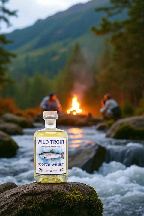 Zwei Fliegenfischer sitzen am Feuer und trinken schottischen Whisky, im Vordergrund eine Flasche Wild Trout Singe Malt Whisky.