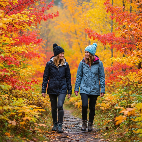 Zwei Frauen gehen im herbstlichen Sauerland wandern, beide haben Regenjacken an und eine Strickmütze auf dem Kopf